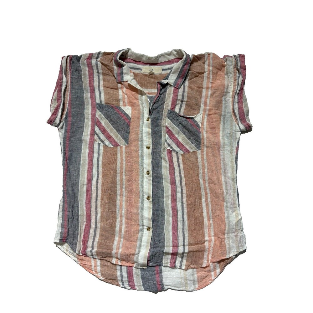 Thread + Supply Linen Blend Striped Button Up Top XL Coastal Short Sleeve Pocket